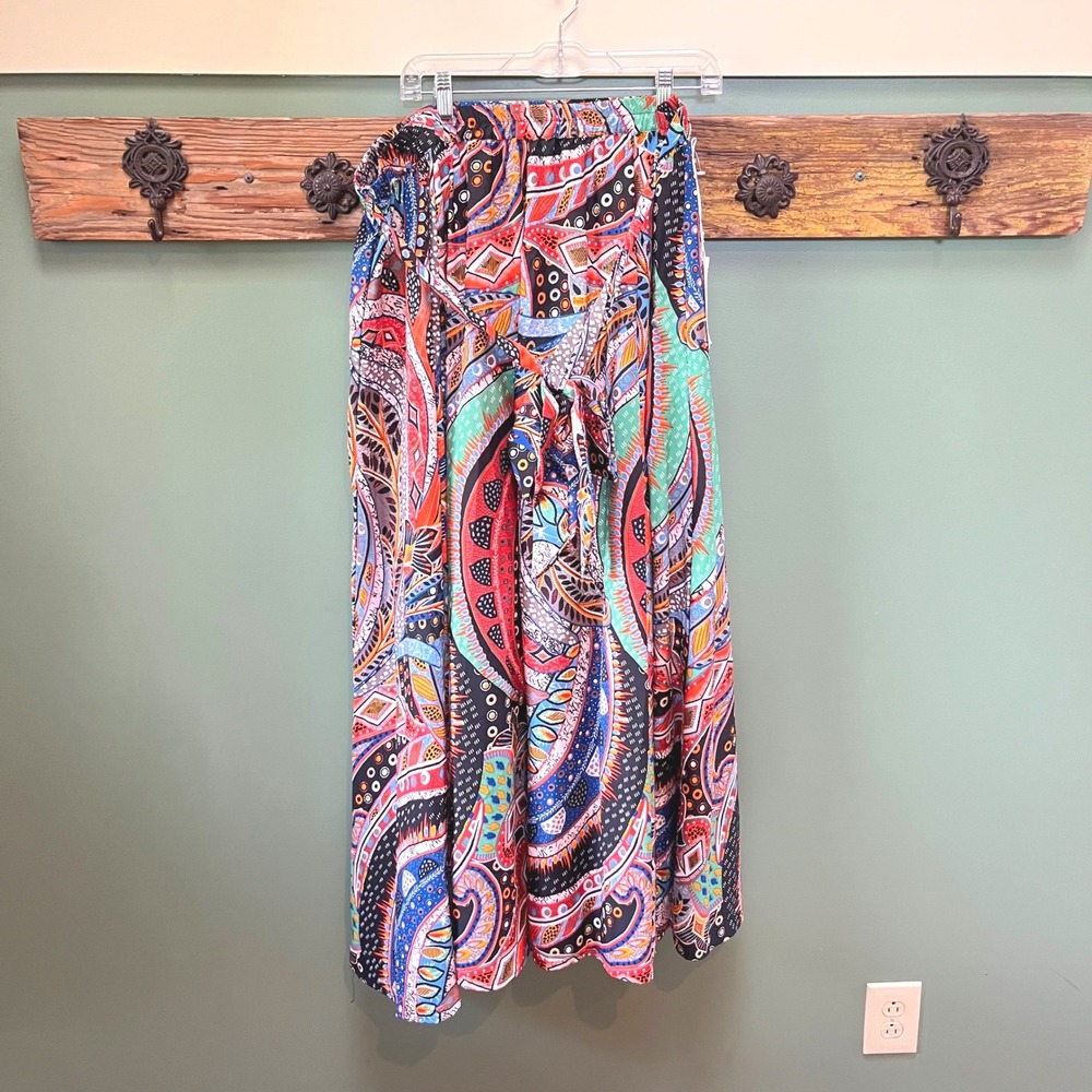 Truth NYC Boho XL Abstract Paisley Print Maxi Skirt Elastic Waist Tie Artsy NEW